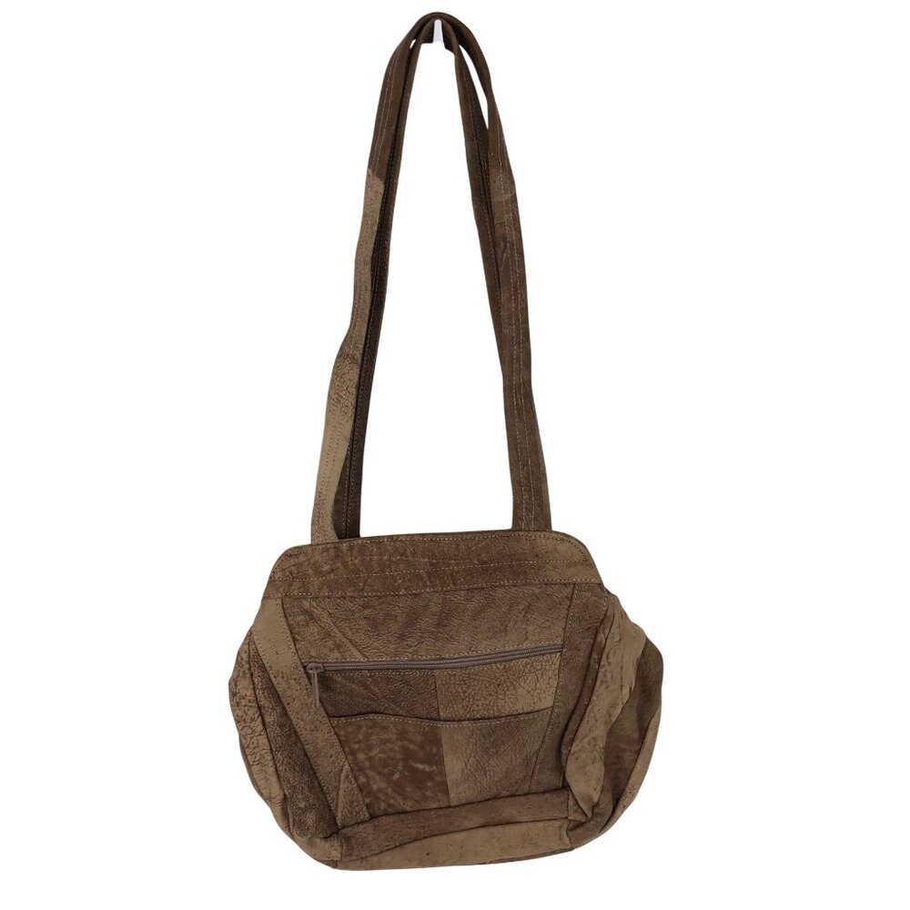 Vintage Suede Patchwork Shoulder Bag With Multiple Pockets & Zippers